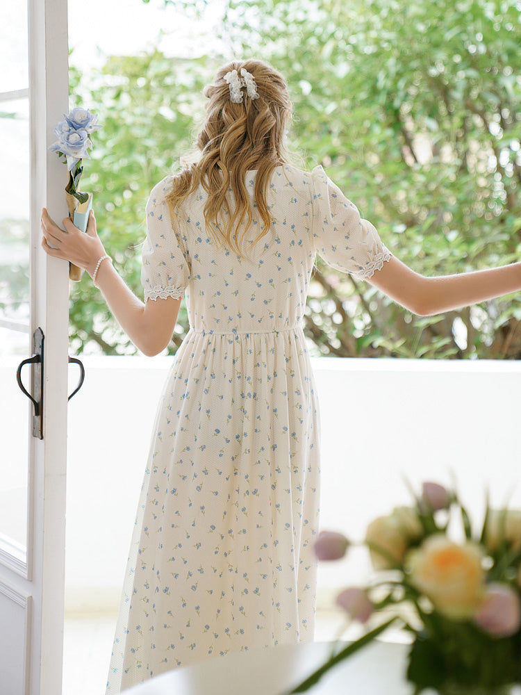 Forget-me-not floral ribbon French dress 