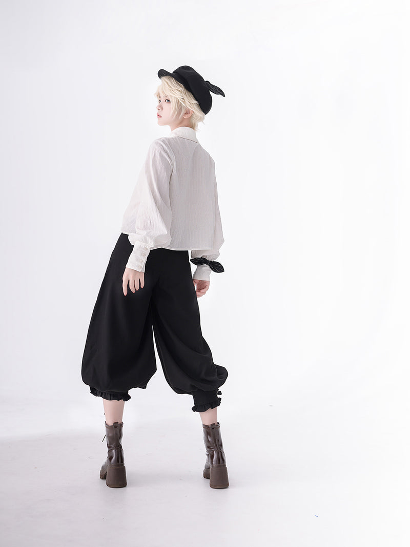 Black butler ribbon vest, cropped pants and pleated blouse