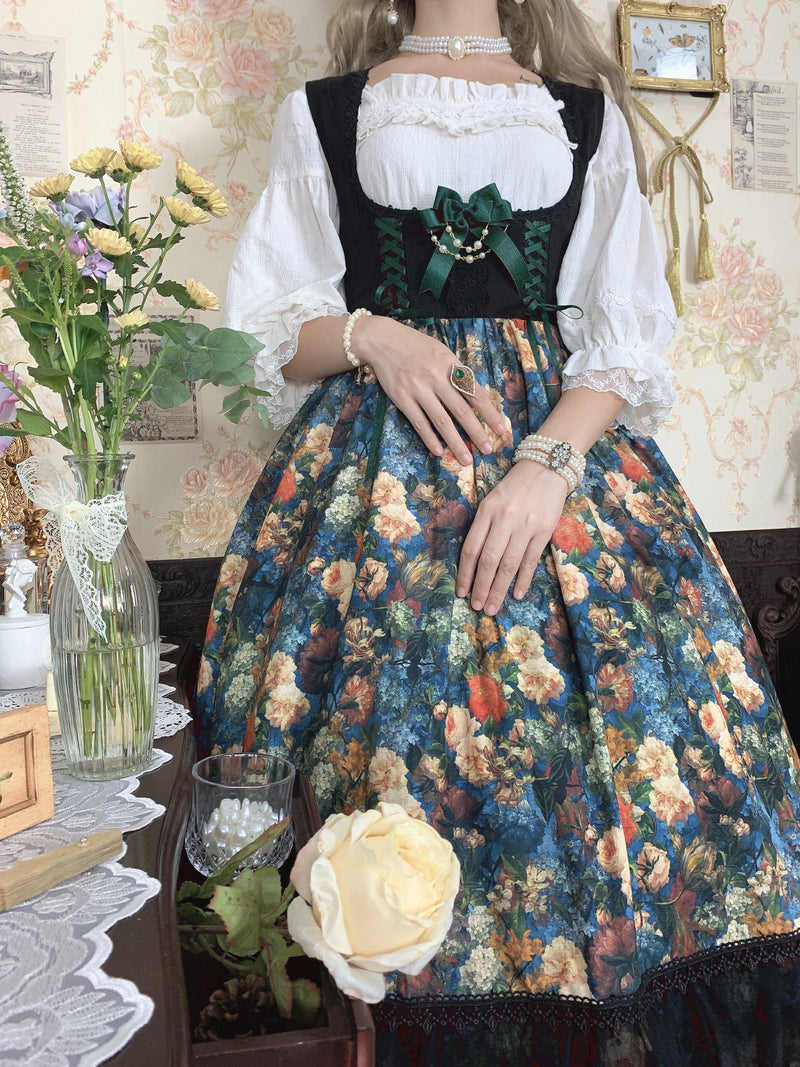 花群集の油彩画レトロジャンパースカート