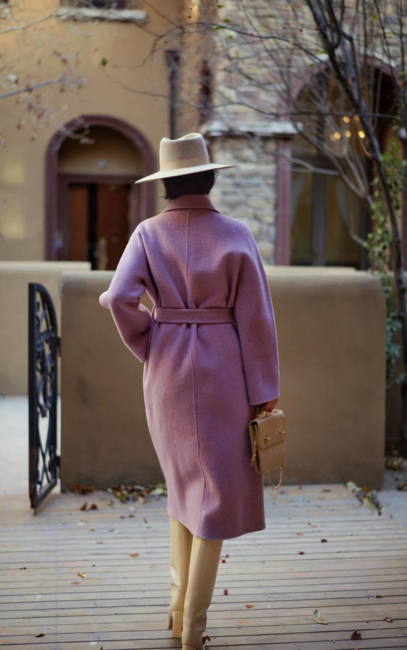 Young purple lady long wool coat