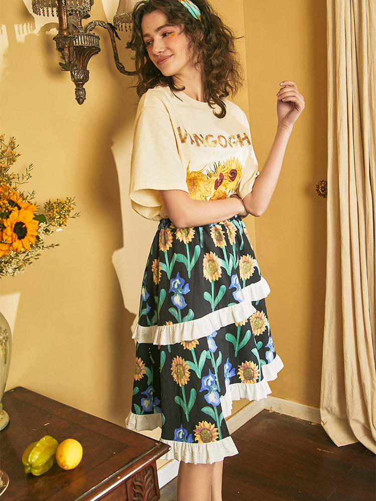 Still life t-shirt with sunflowers and irises in a vase