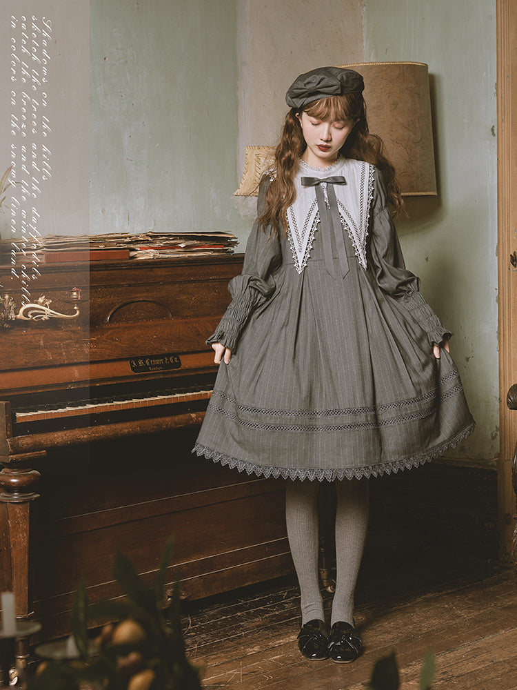 Classical one-piece dress with vertical striped embroidery in pale black [Planned to be shipped from early April to late April 2023]