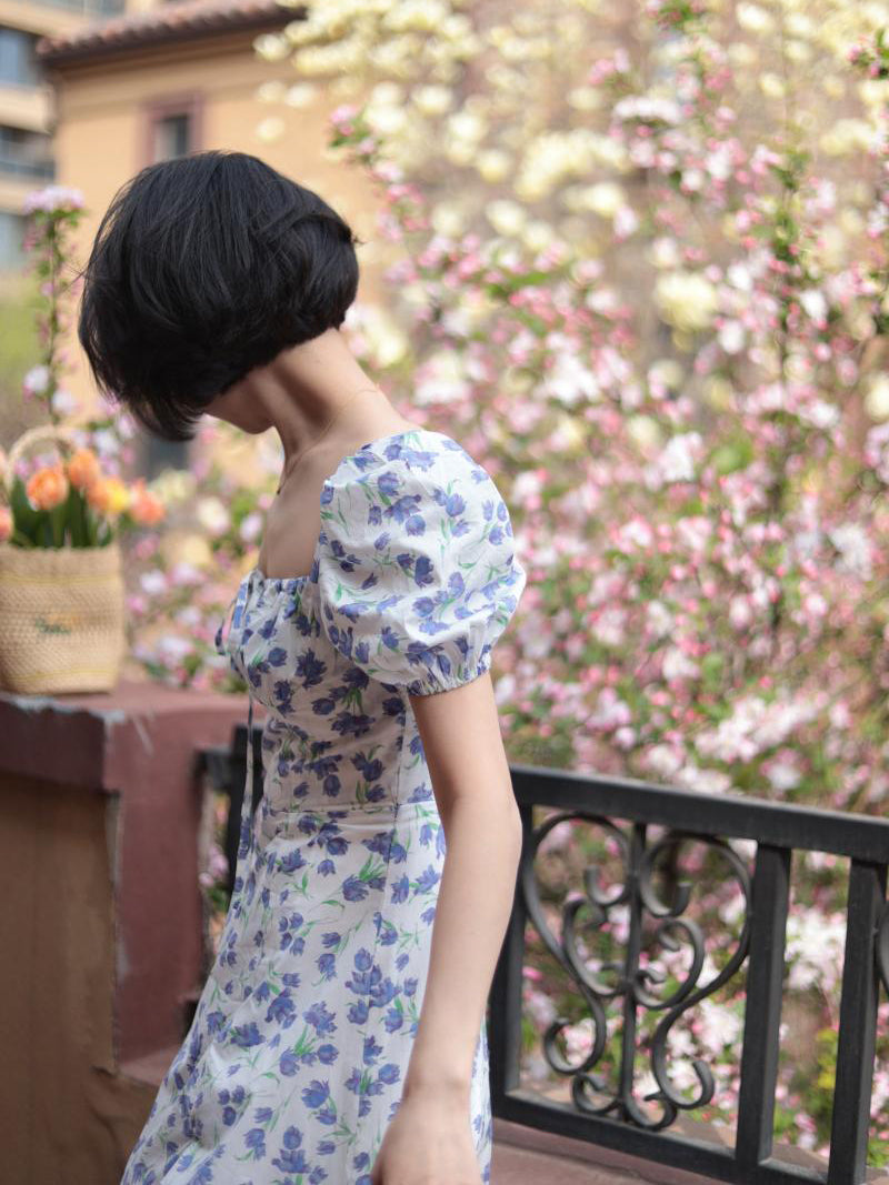 Ao wisteria flower pattern French retro dress