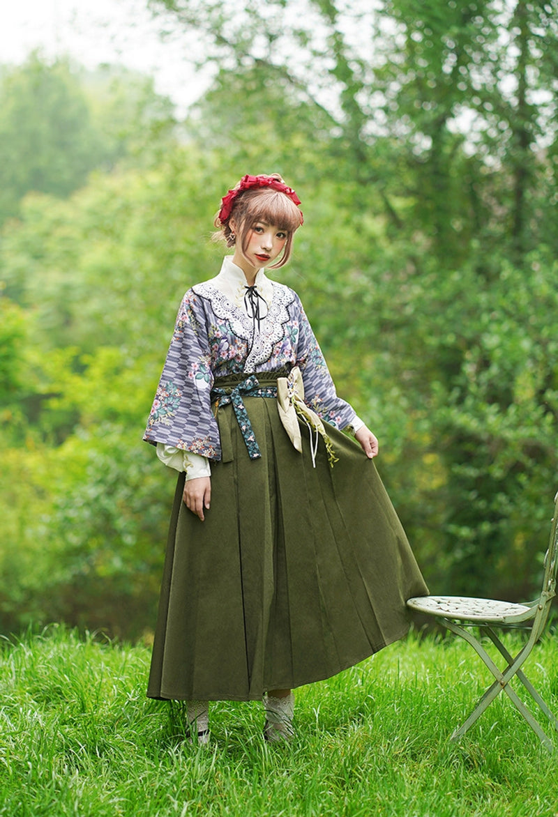 Taisho Romantic Flower and Bird Pattern High Waist Skirt