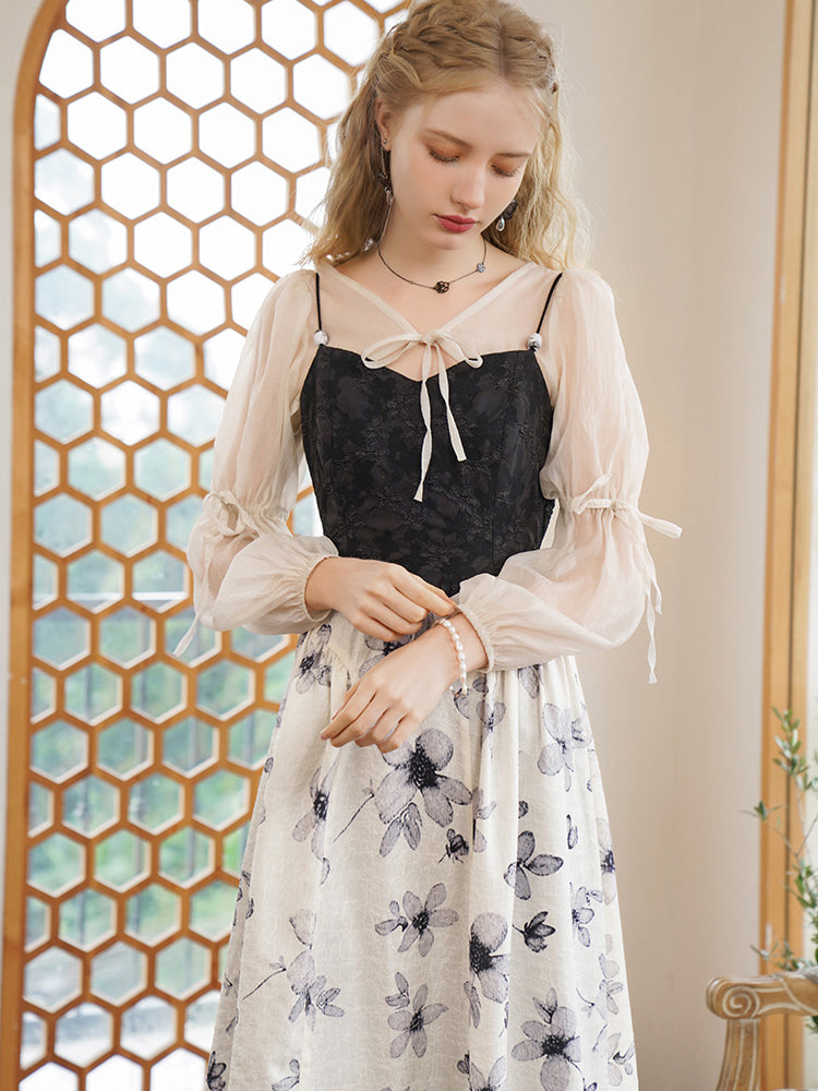 Ink painting flower pattern camisole dress and chiffon bolero