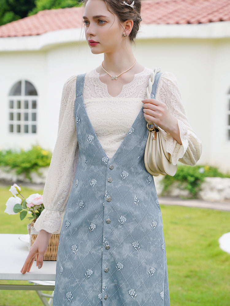 Light blue rose embroidery denim jacket and denim jumper skirt and lace blouse