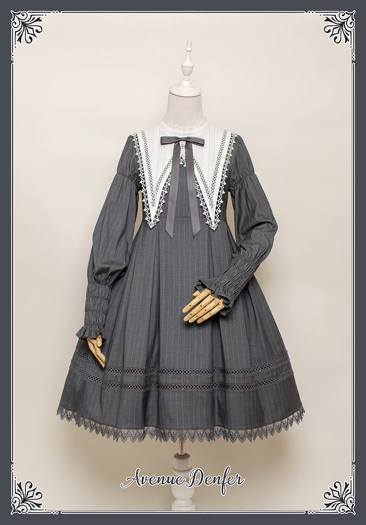 Classical one-piece dress with vertical striped embroidery in pale black [Planned to be shipped from early April to late April 2023]