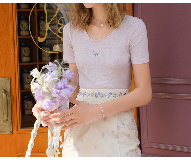 Floral embroidery slim knit 