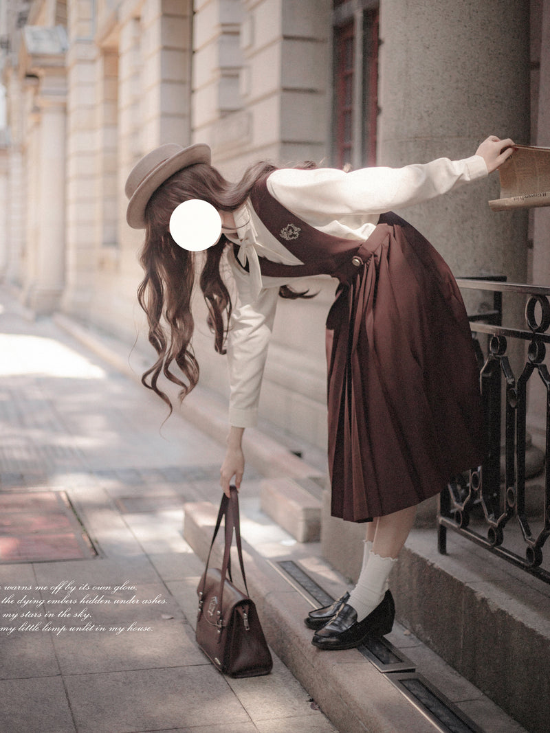 Dark brown literary girl classical jumper skirt and short jacket and blouse
