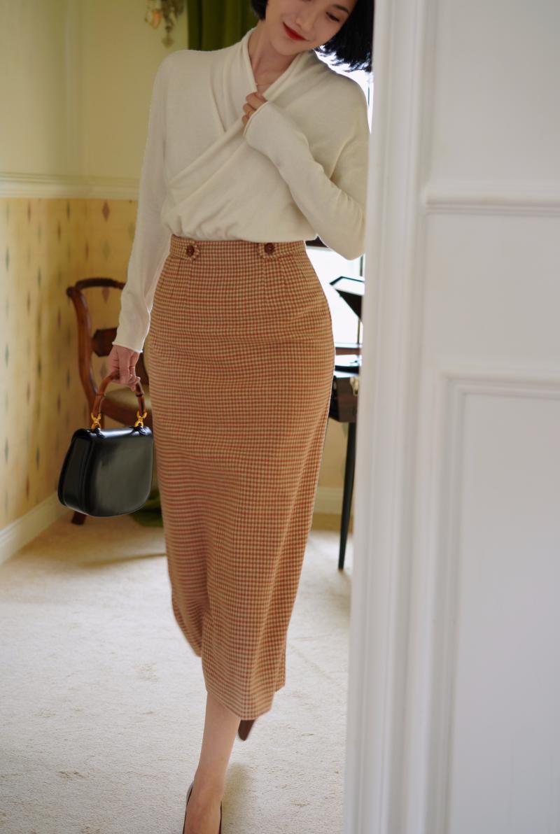 Orange brown houndstooth tweed tube skirt