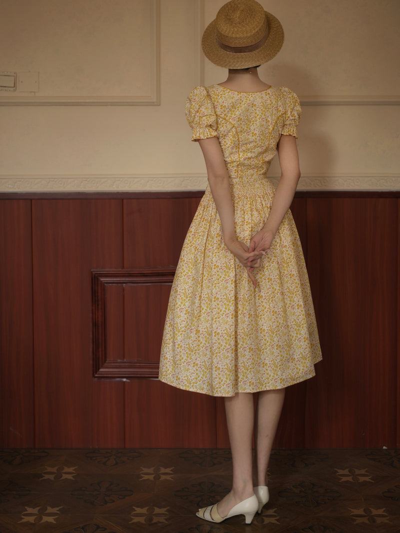 Yellow flower crowd retro dress and embroidered apron