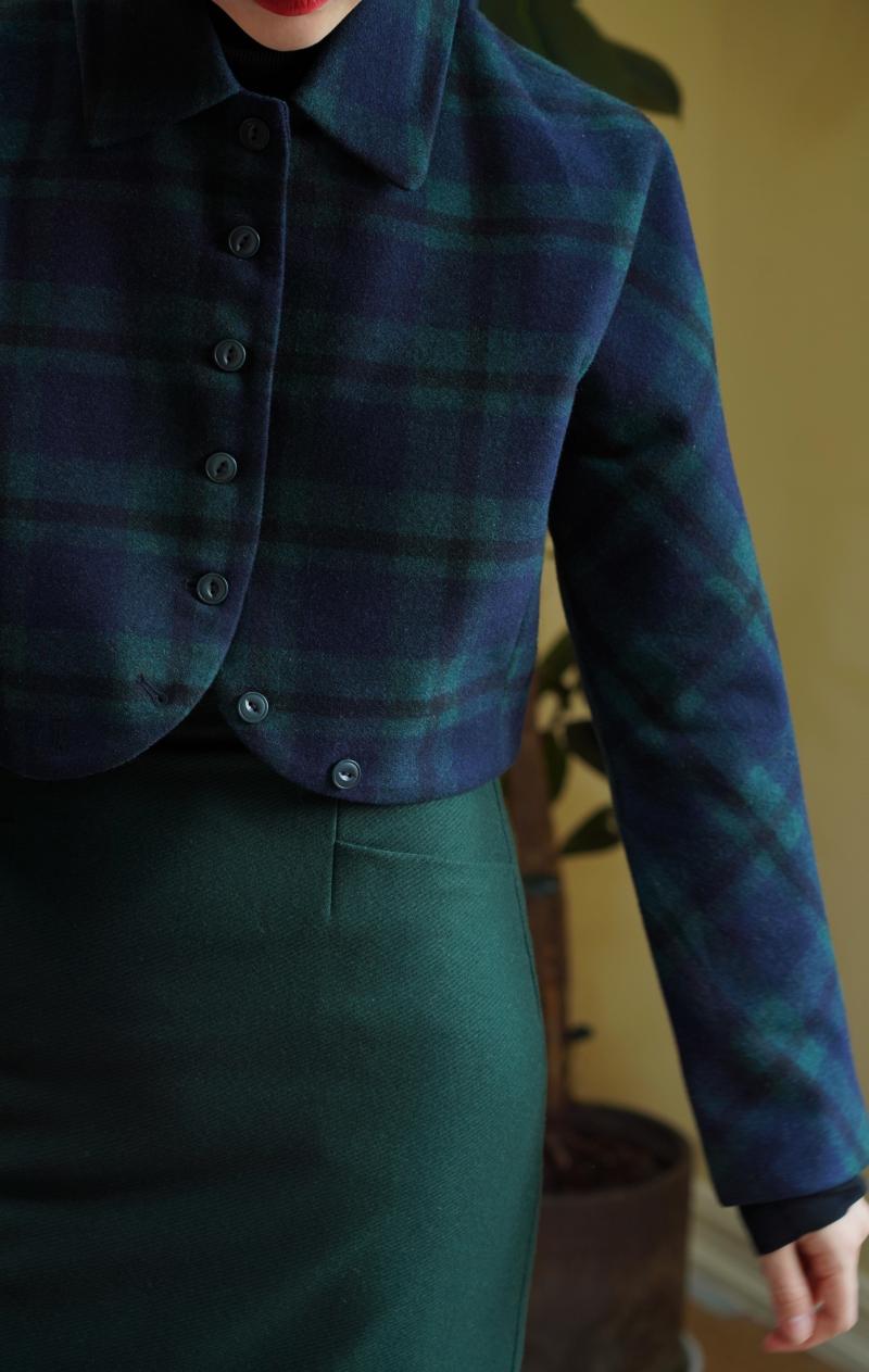 藍緑の格子縞クラシカルショートジャケット