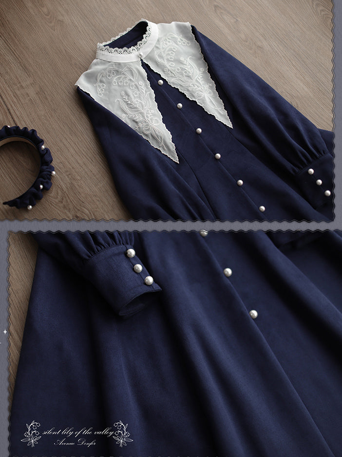 Navy Blue Suzuran Embroidery Classical Dress
