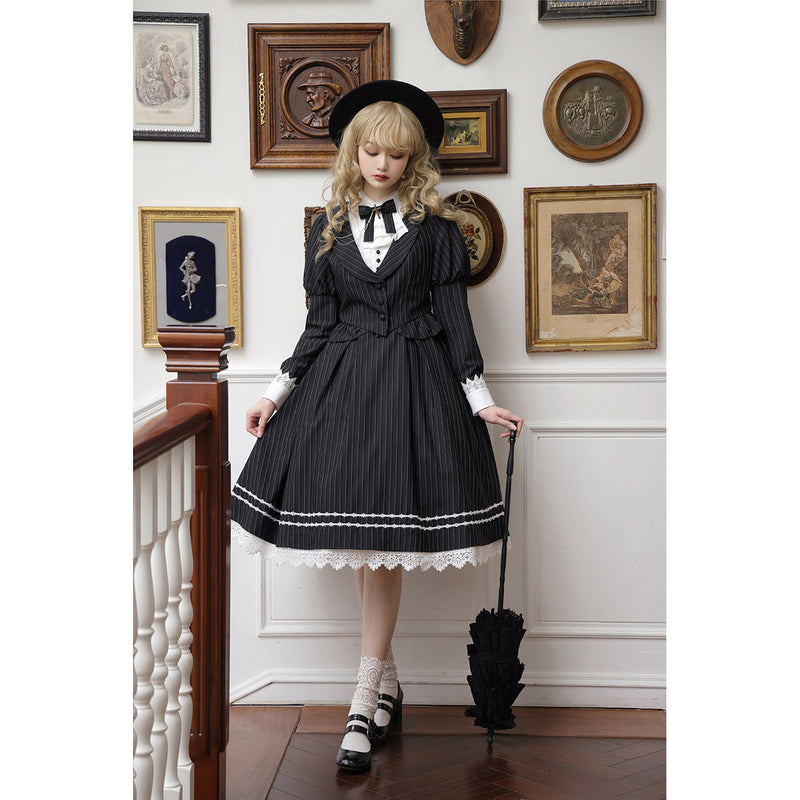 Jet black lady's vertical striped classical dress and classical vest