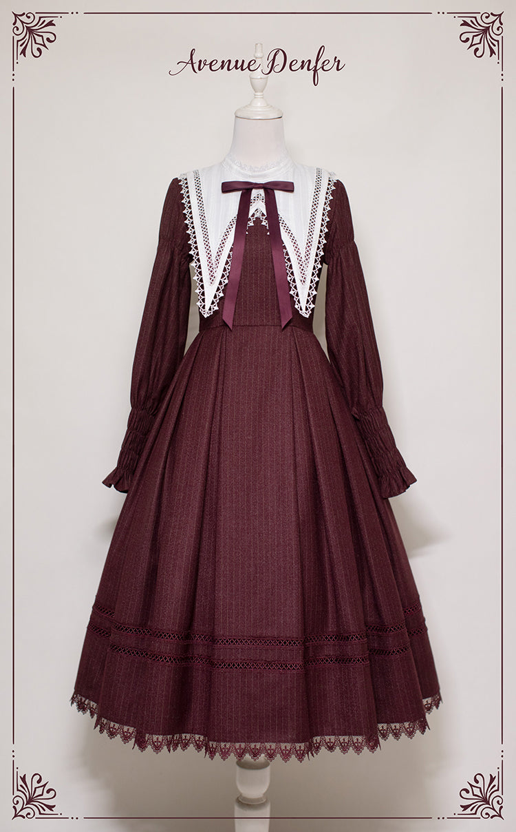 Copper-colored vertical striped embroidery classical dress [Planned to be shipped from early April to late April 2023]