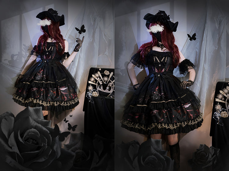 Floral embroidery jumper skirt floating in the dark night (Black x Red) [Planned to be shipped from late May to early June 2023]