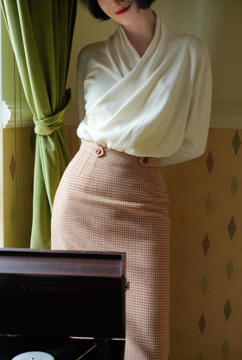橙茶の千鳥格子縞ツイードチューブスカート