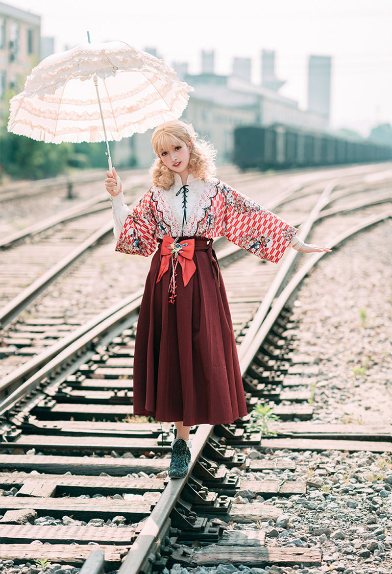 Taisho Romantic Flower and Bird Pattern High Waist Skirt