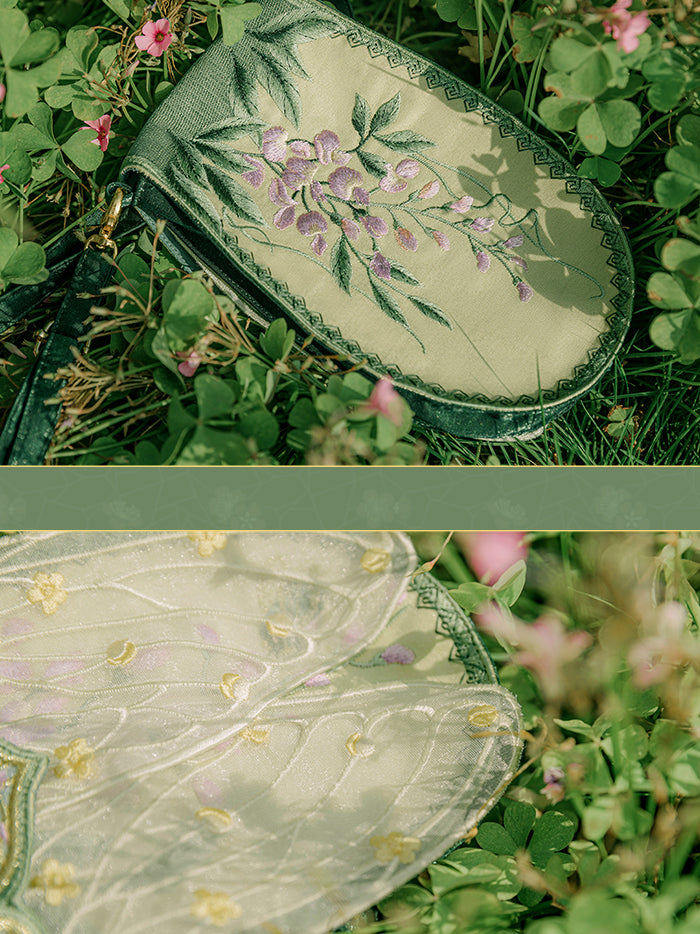 蝉と藤の花の刺繍ショルダーバッグ