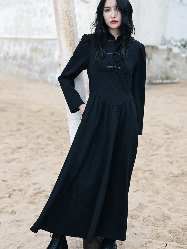 black lady cheongsam long dress
