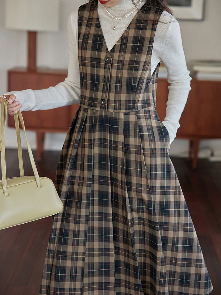 Dark brown plaid classical jumper skirt