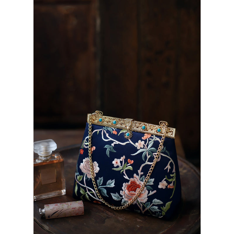Deep blue peony flower embroidery bag