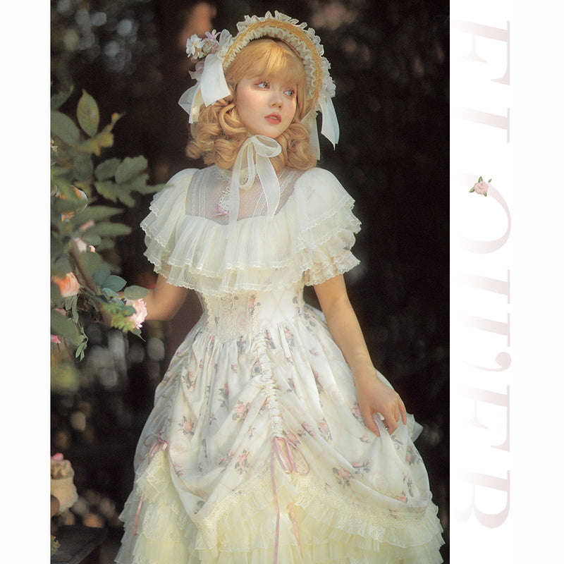 Queen's rose pattern classical dress and embroidered bonnet [scheduled to be shipped from early April to late April 2023] 