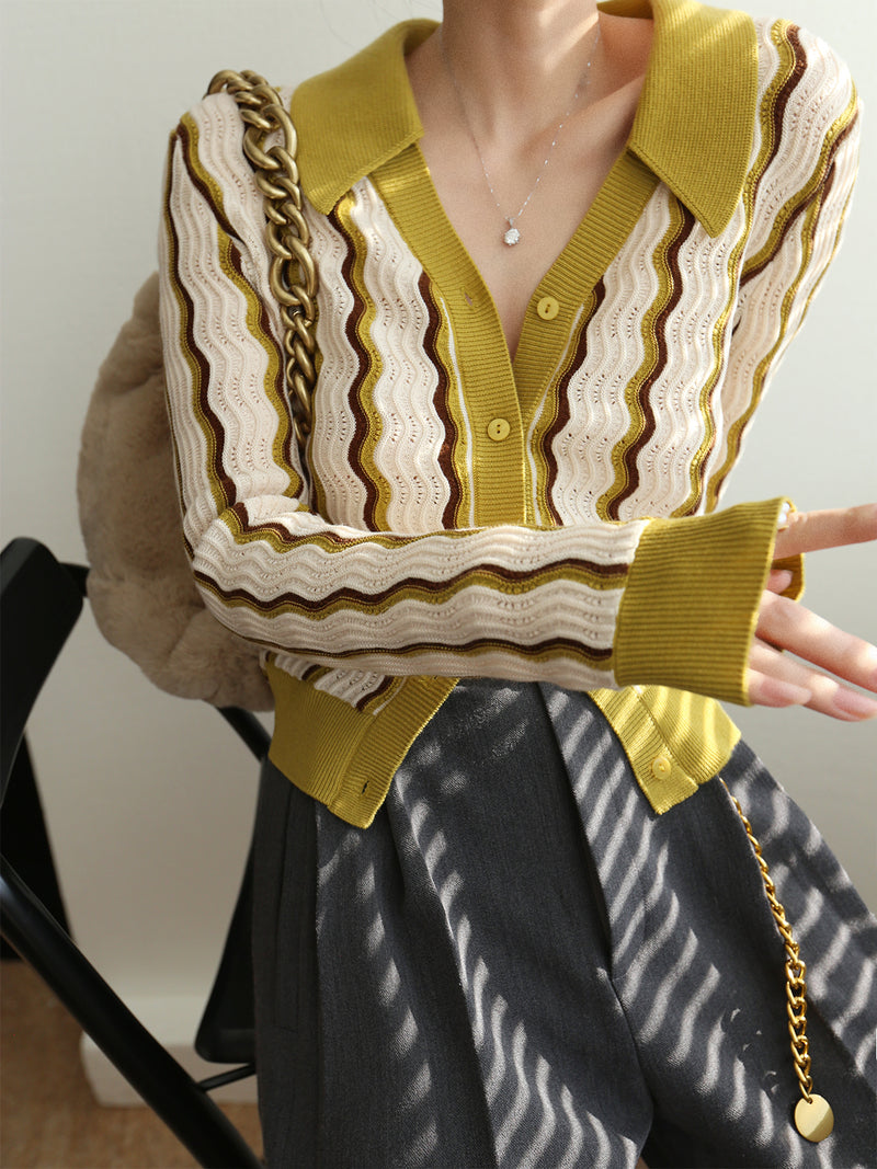 green yellow wave pattern knit cardigan