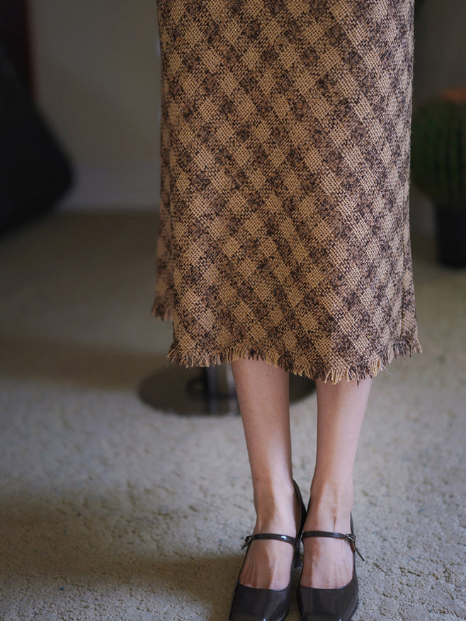 西洋格子縞のハイウエストツイードスカート
