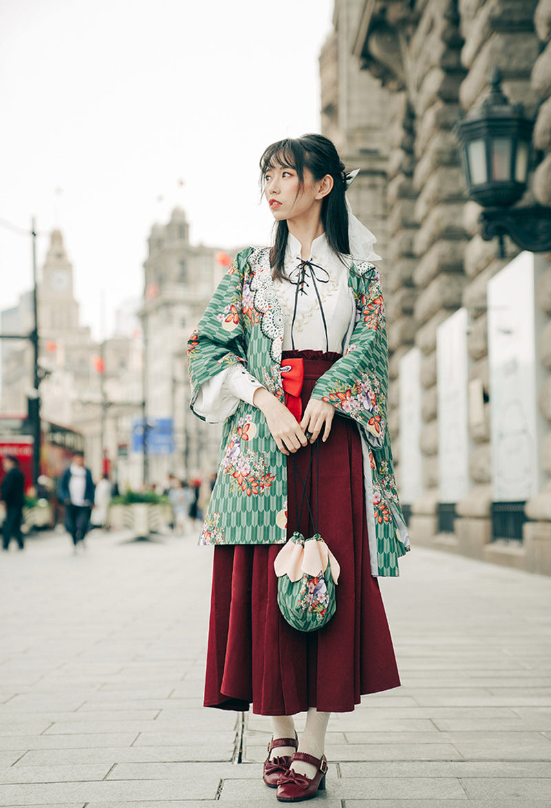 Taisho Romantic Flower and Bird Pattern High Waist Skirt