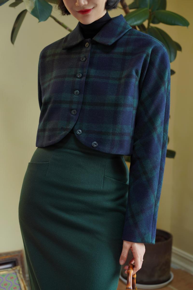 藍緑の格子縞クラシカルショートジャケット