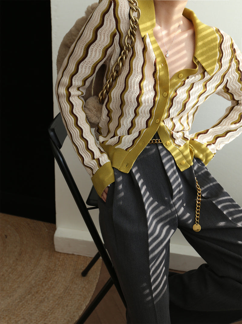 green yellow wave pattern knit cardigan