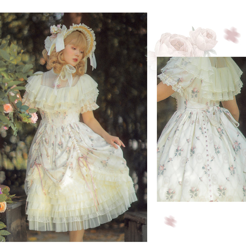 Queen's rose pattern classical dress and embroidered bonnet [scheduled to be shipped from early April to late April 2023] 