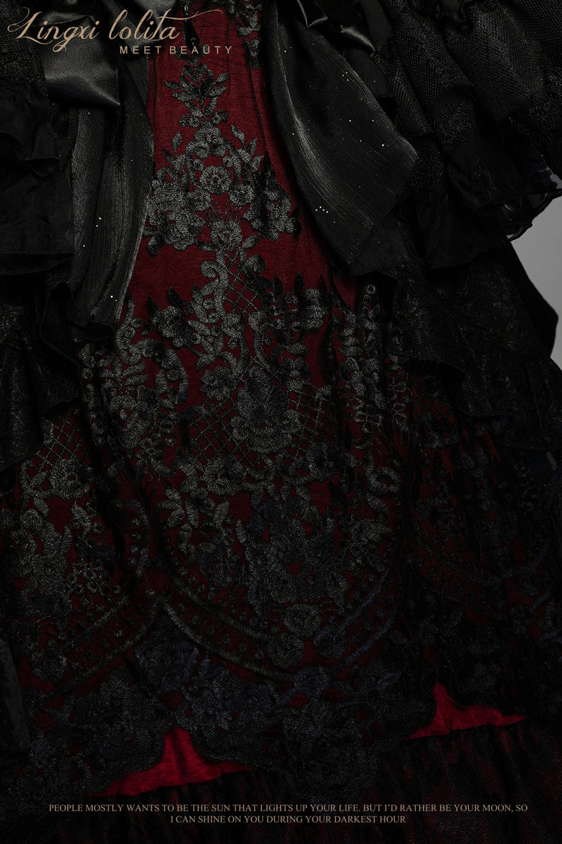 暗黒の王妃の花柄刺繍ワンピースとオーバースカートとスリーブカーディガン[2023年9月下旬発送予定]