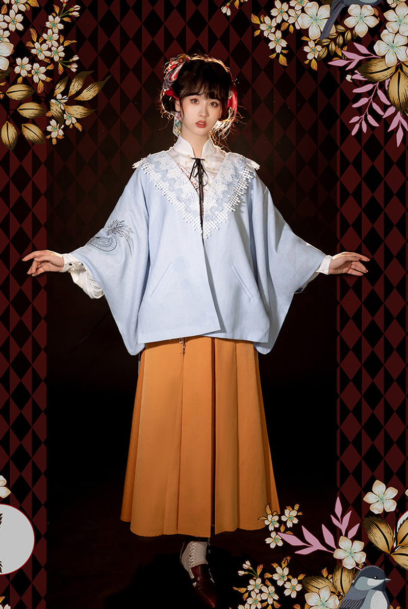 Taisho Romantic Flower and Bird Pattern High Waist Skirt