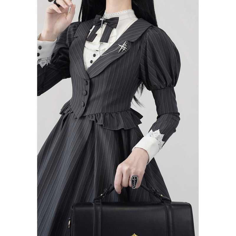 Thin ink lady's vertical striped classical dress and classical vest