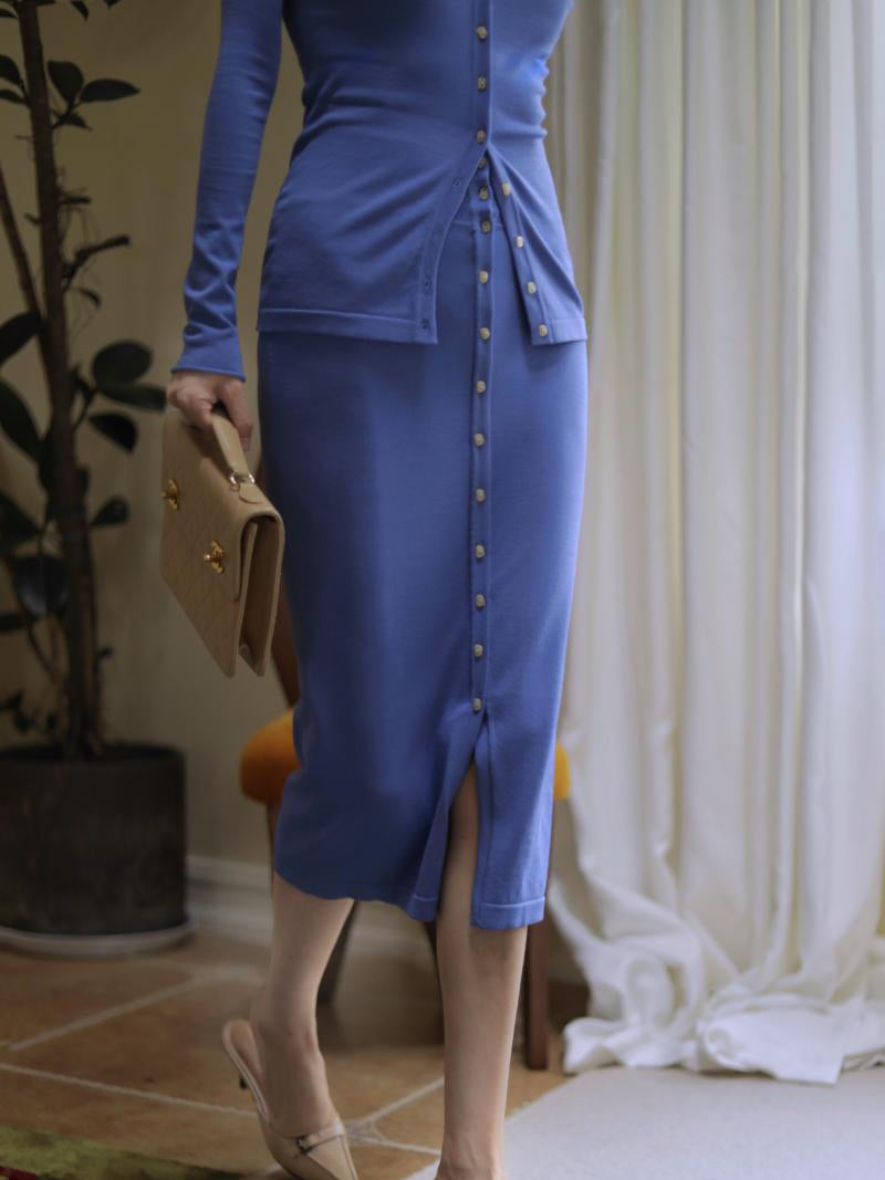 Blue-purple Lady Slim Knit Cardigan and Slim Knit Skirt