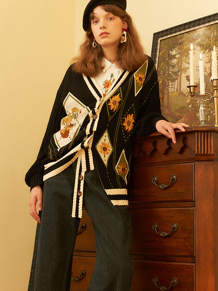 Embroidered knitted cardigan with sunflowers in a vase