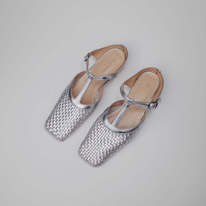 Silver Braided Pattern Square Toe Sandals
