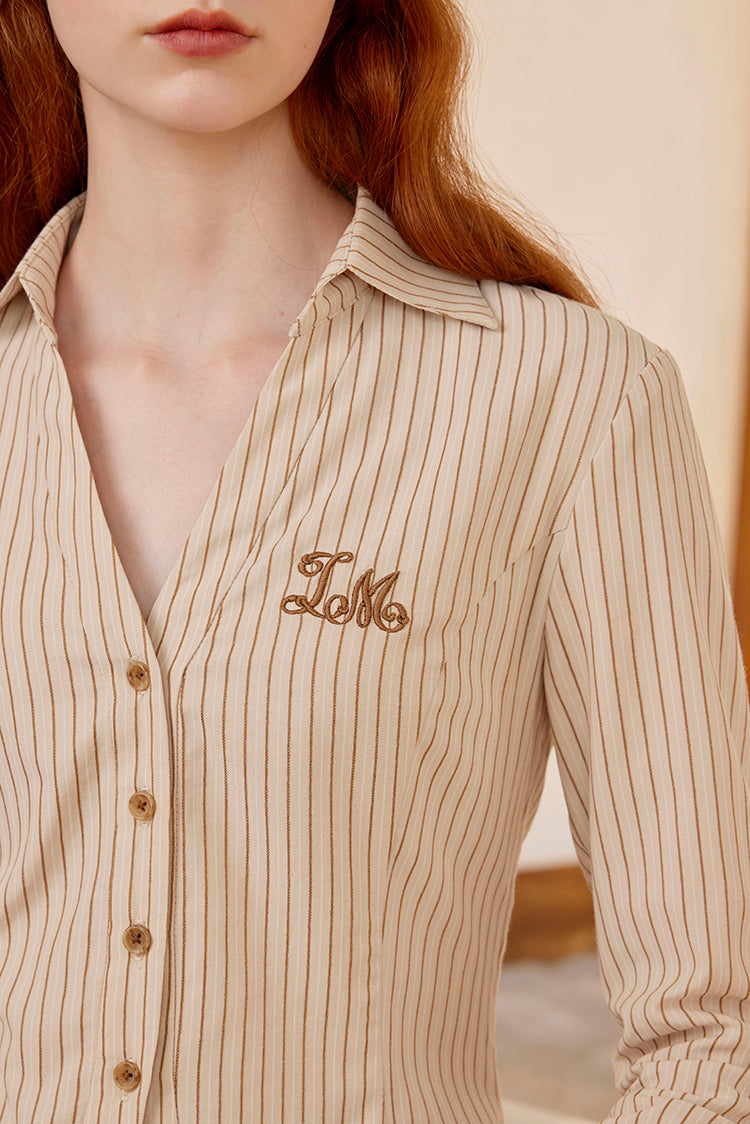 British girl's literary embroidery striped blouse