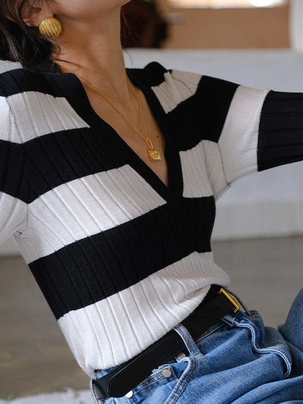 black and white striped knit top