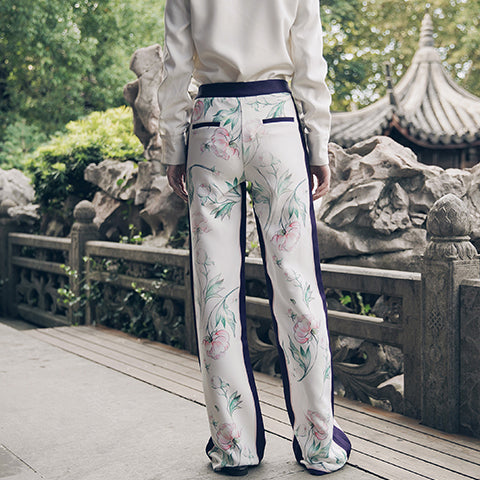 Chinese straight pants with watercolor peony pattern