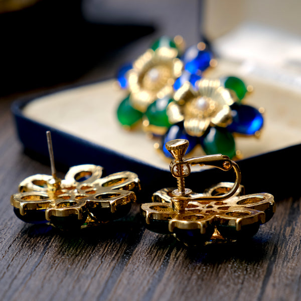 Navy Blue and Jade Flower Earrings