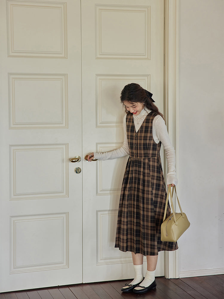 Dark brown plaid classical jumper skirt