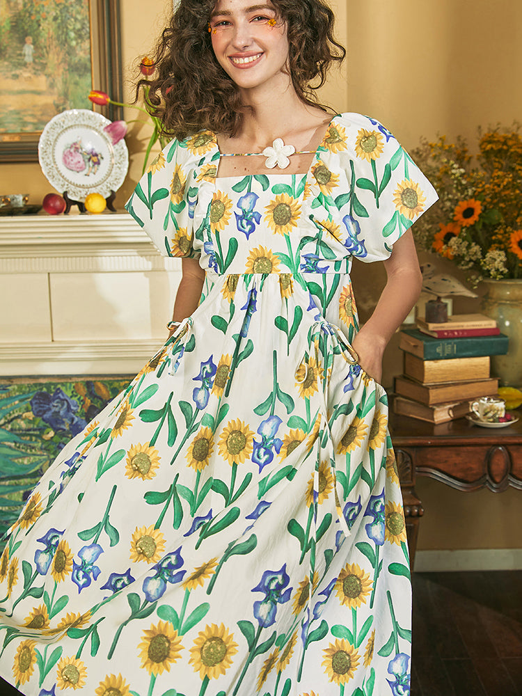 Sunflower and iris blooming dress