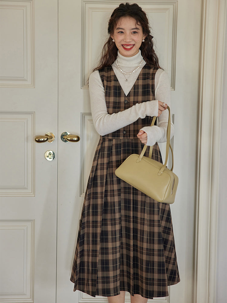 Dark brown plaid classical jumper skirt