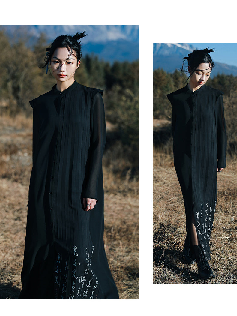 Jet-black Chinese poem China pleated dress