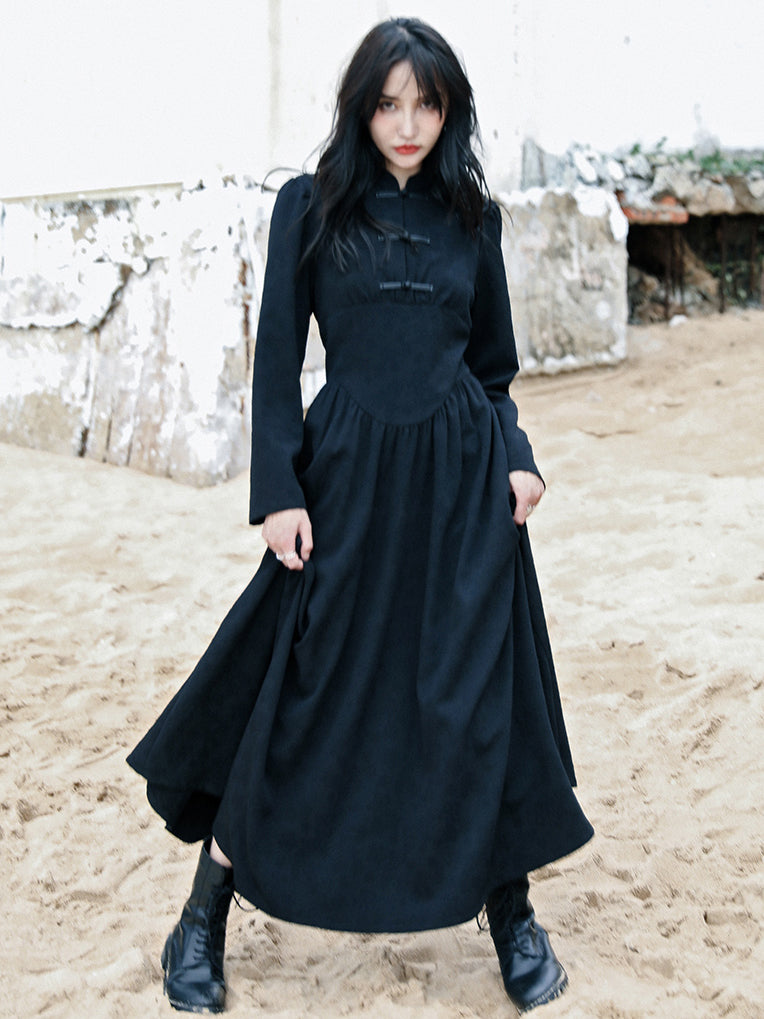 black lady cheongsam long dress