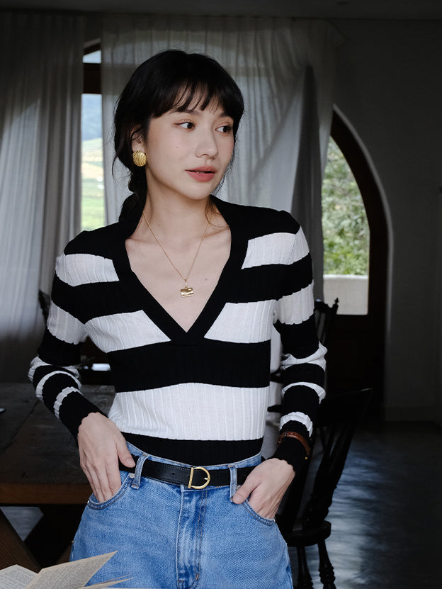 black and white striped knit top