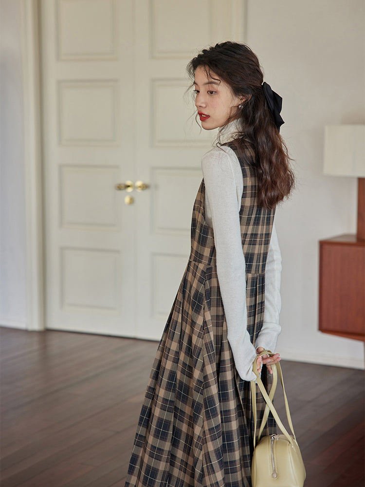 Dark brown plaid classical jumper skirt